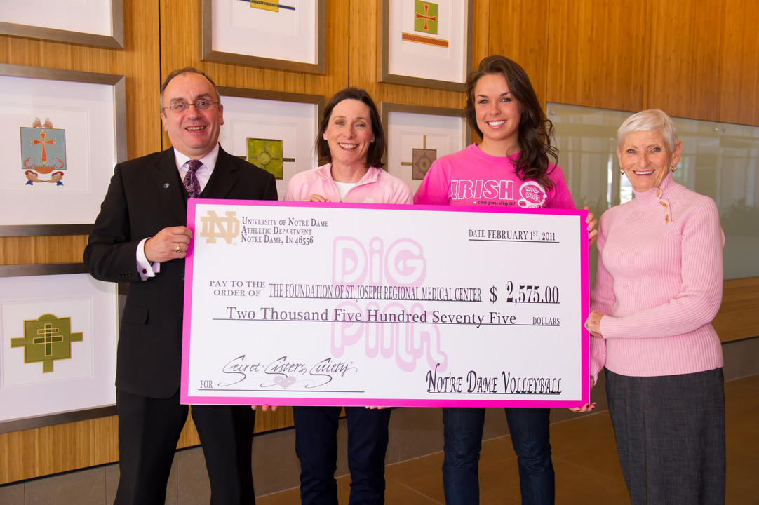 Over $2,500 raised by the Irish volleyball program went to the Secret Sisters Society of South Bend.