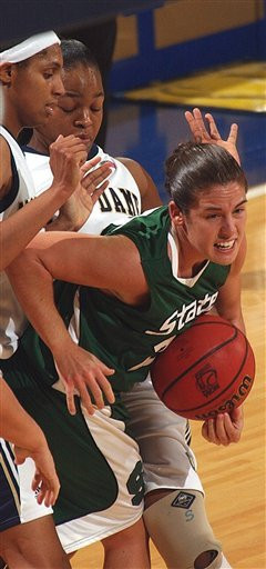 Breona Gray and Jacqueline Batteast play tough defense against Lindsay Bowen in the first half.