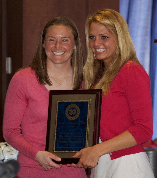 Junior All-America forward Melissa Henderson was chosen by her teammates as this year's recipient of the Notre Dame Monogram Club Most Valuable Player Award, receiving the honor from assistant coach Dawn Greathouse during Sunday's awards banquet at Club Naimoli inside Purcell Pavilion on the Notre Dame campus.
