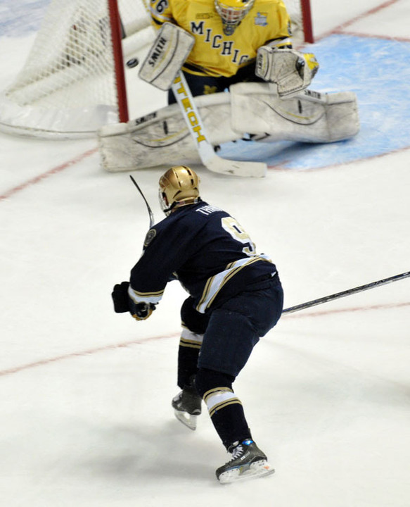 Sophomore Ryan Thang's shorthanded goal gave the Irish a 3-0 lead late in the first period of their NCAA Frozen Four semifinal vs. Michigan.