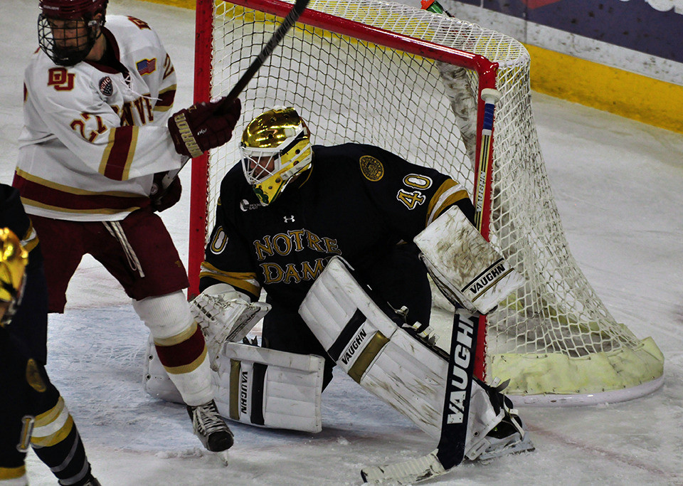 Cal Petersen made 43 saves for the Irish.