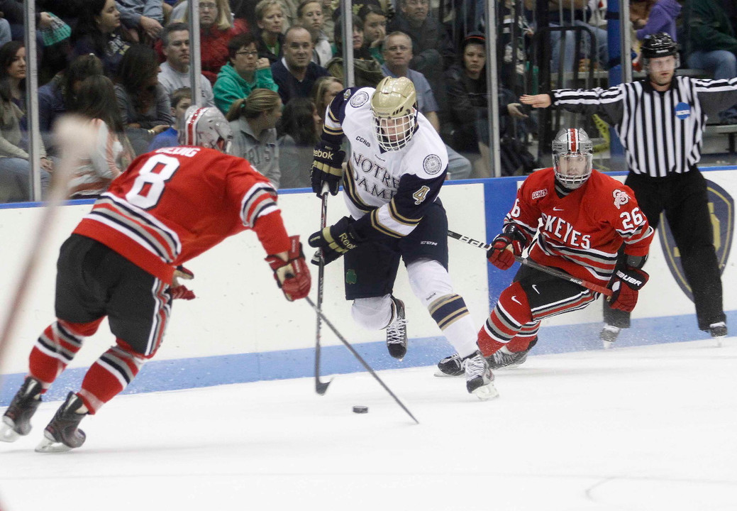 Riley Sheahan and the irish will battle Ohio State in the first round of the CCHA playoffs March 2-4 at the Compton Family Ice Arena.