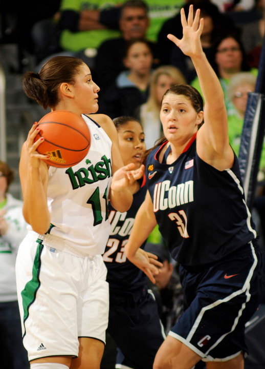 Natalie Achonwa looks to pass against UConn's Stefanie Dolson