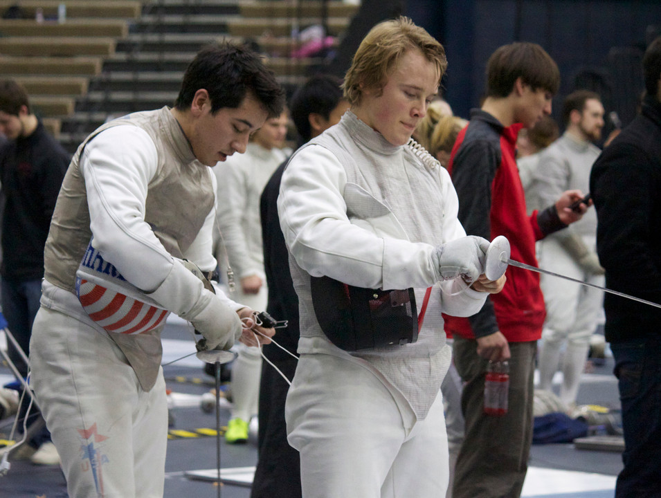 Men's foilists Gerek Meinhardt and Ariel DeSmet discussed strategy throughout the day Saturday.