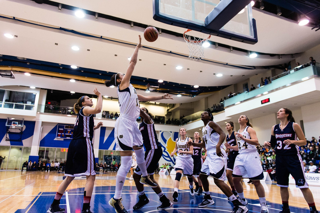 Guelph, Ontario, native and Notre Dame senior forward/tri-captain Natalie Achonwa posted her first double-double of the season (11 points, 10 rebounds) as the No. 5/6 Fighting Irish downed Duquesne 100-61, on Sunday afternoon at the Mattamy Athletic Centre in Toronto.