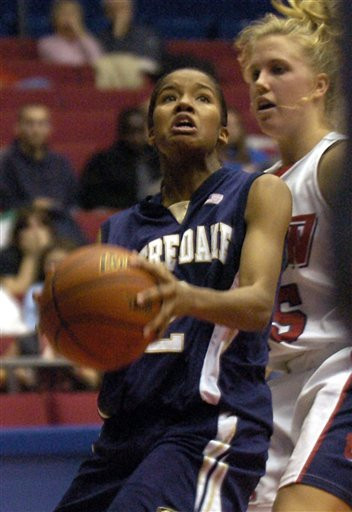 Charel Allen looks for a shot in front of Dayton guard Ashley Armstrong during the second half.