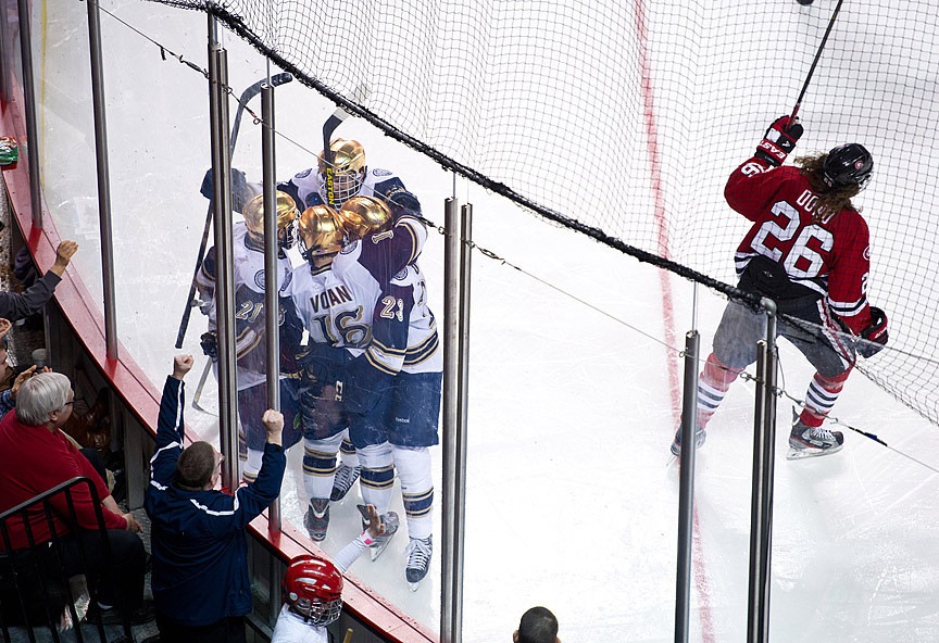 The Irish celebrate Mike Voran's short-handed goal versus St. Cloud State.