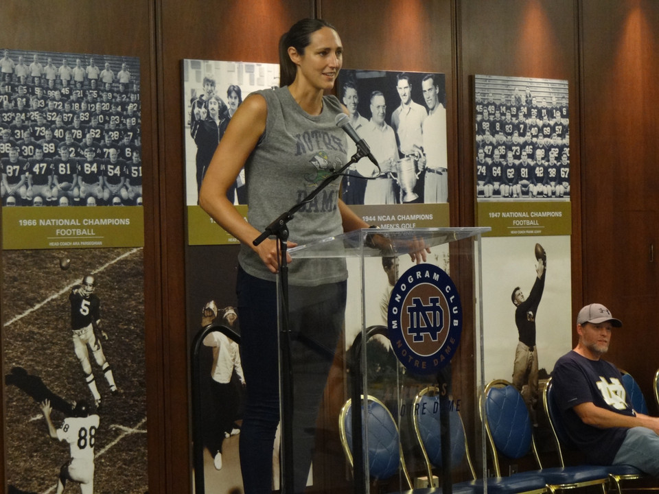 Former Fighting Irish and WNBA star Ruth Riley ('01) spoke at the Monogram Club's pre-game reception.
