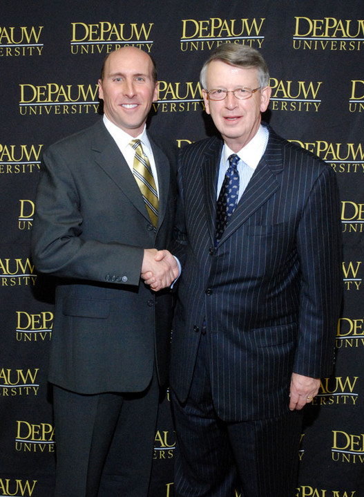 Former Notre Dame swimmer Brian Casey (left) was inaugurated Friday as DePauw University's 19th president.