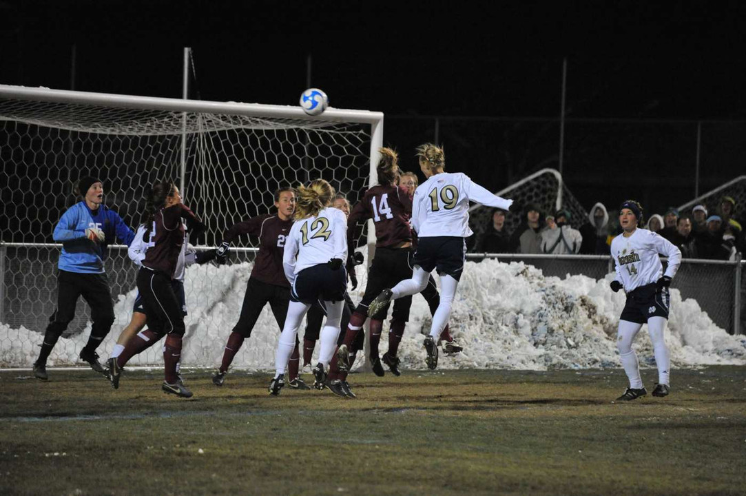 Carrie Dew (19) almost prevented overtime with this header attempt in the 58th minute, but her drive hit the cross bar.