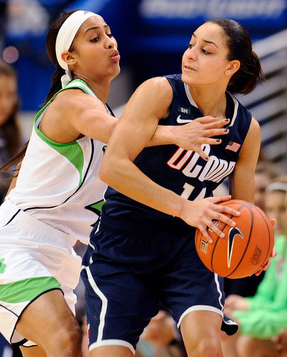 Skylar Diggins defends UConn's Bria Hartley in the BIG EAST final