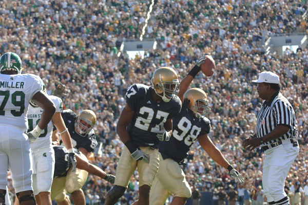 Senior defensive end Trevor Laws (98) was one of several players Irish head coach Charlie Weis singled out for praise during his Sunday press conference to discuss the previous day's loss vs. Michigan State.