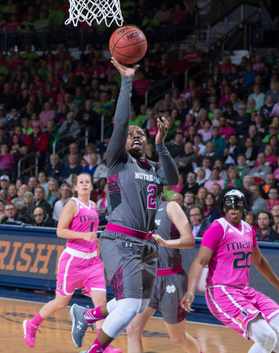 Feb 14, 2016; South Bend, IN, USA; Notre Dame Fighting Irish guard Arike Ogunbowale (2) goes up for a shot. Credit: Matt Cashore-USA TODAY Sports