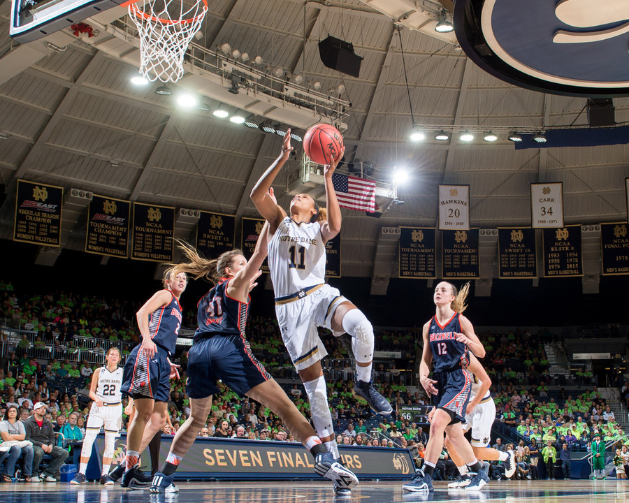 Brianna Turner had game highs of 20 points and nine rebounds in #3 Notre Dame's 75-64 win at South Dakota State on Saturday.