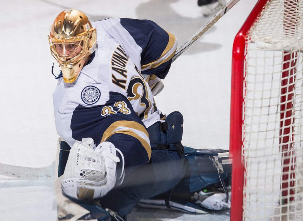 Chad Katunar makes one of his 28 saves on Saturday night.