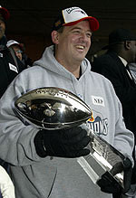 New Notre Dame football coach Charlie Weis (shown here at last year's Super Bowl celebration parade) earned yet another Super Bowl ring, as his New England Patriots won that game for the second straight season and the third time in four years.