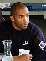 Notre Dame tight ends and special teams coach Bernie Parmalee answers questions from the meida on March 22, 2005.