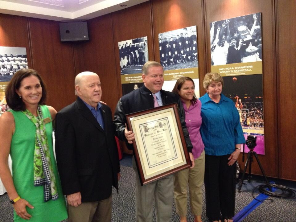 The Monogram Club awarded a surprise honorary Monogram to Irish football head coach Brian Kelly at the Club's Fall Board Meeting on Friday.