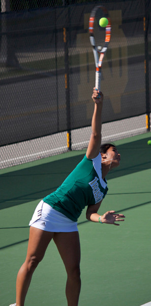 Kristen Rafael posted three victories on Saturday, winning a pair of singles decisions and a doubles match with partner Britney Sanders.