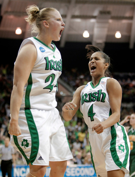 Fifth-year senior guard/tri-captain Lindsay Schrader (24) and freshman guard Skylar Diggins (4) both were named AP honorable mention All-Americans on Tuesday, giving Notre Dame 17 AP All-America selections (including at least one at all five floor positions) in the past 15 seasons.