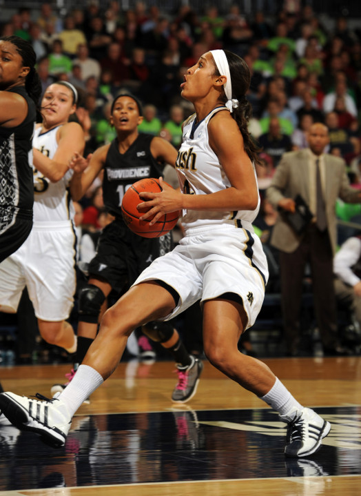 Notre Dame guard Skylar Diggins drives to the basket against Providence.