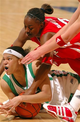 Ashley Barlow calls timeout after grabbing a loose ball from Louisville guard Patrika Barlow during first half.