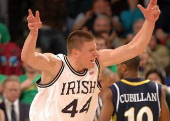 Notre Dame forward Luke Harangody reacts following one of his twelve first half points. (AP Photo/Joe Raymond)