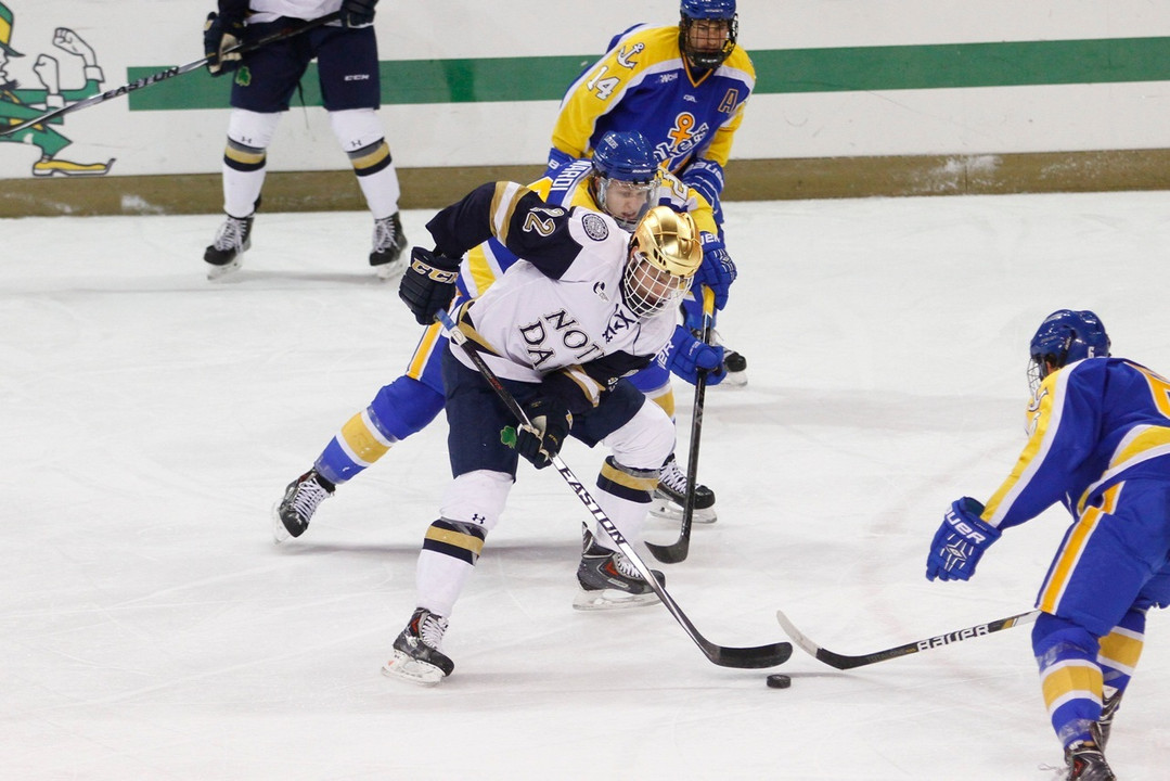 Junior Mario Lucia recorded his first collegiate hat trick in the 5-1 win over Lake Superior State.