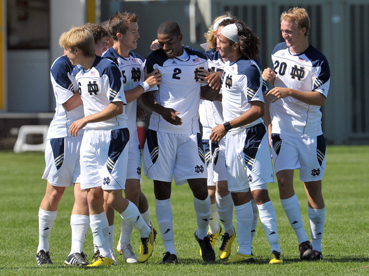 Junior central defender Aaron Maund (2) is surrounded by his teammates after putting the Irish on the board in the 51st minute.