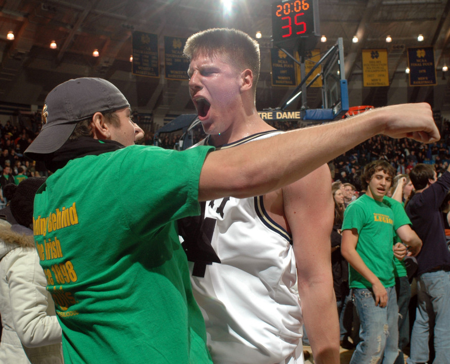 Freshman Luke Harangody celebrates Notre Dame's victory over #4 Alabama on Thursday.