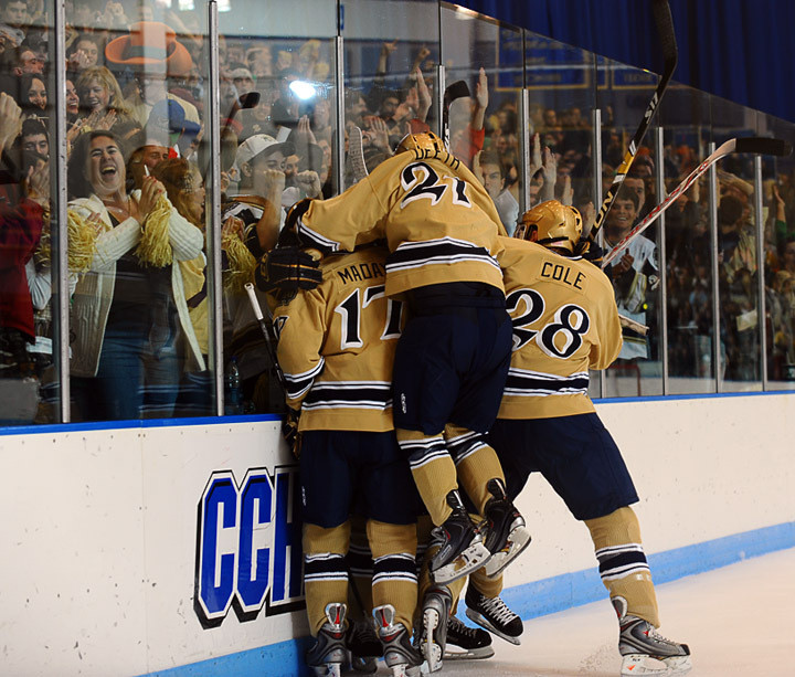 The Irish celebrate Calle Ridderwall's first-period goal against Boston College.