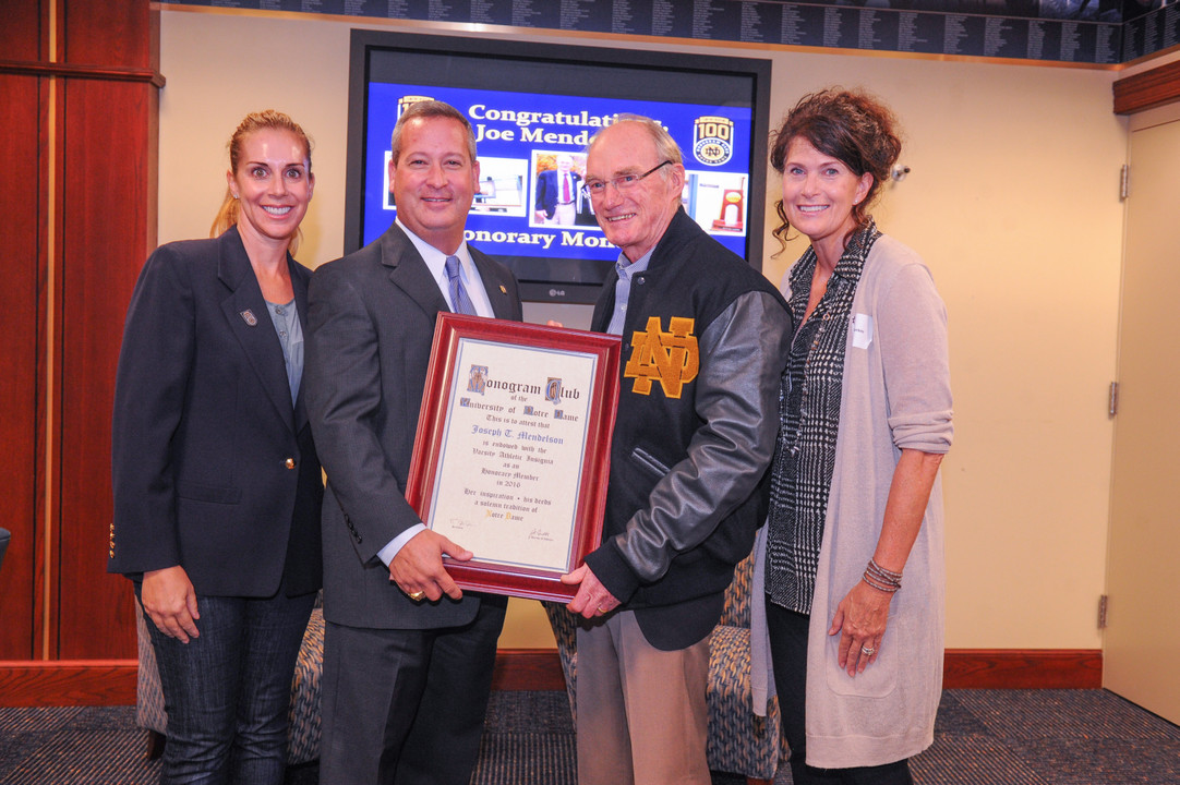 Left to right: Monogram Club First Vice President Terri Vitale ('94, '95, tennis), Notre Dame Deputy Athletics Director Jim Fraleigh ('88, manager), Joe Mendelson, Notre Dame Senior Deputy Athletics Director Missy Conboy ('82, basketball).  