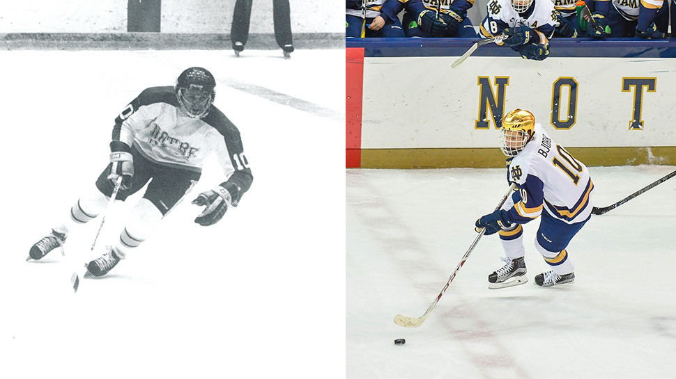 Kirt Bjork (left) earned All-America honors for the Irish in 1983--while his son, Anders (right), is the leading scorer on the 2017 Notre Dame team headed this week for the NCAA Frozen Four in Chicago&amp;#8203;