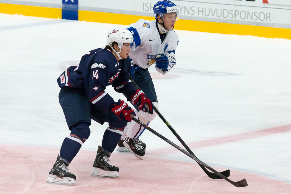 Irish left wing Thomas DiPauli, skating for the United States at the World Junior Championships in Malmo, Sweden.