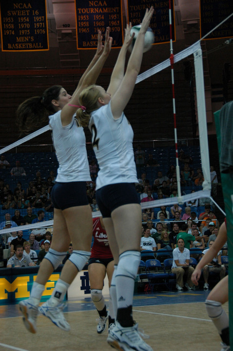 Kellie Scicca (left) and Mallorie Croal helped Notre Dame register nine team blocks Saturday versus UC Irvine.