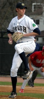 John Axford - shown pitching in the 2005 season - ranked as one of Notre Dame's top pitchers during his first two seasons before pitching just 3.0 total innings in the '04 and '05 seasons, due to injury (photo by Pete LaFleur).