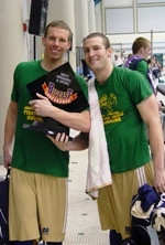 Seniors Matt Bertke (left) and Frank Krakowski cradling Notre Dame's long-awaited first men's swimming and diving BIG EAST champion trophy.