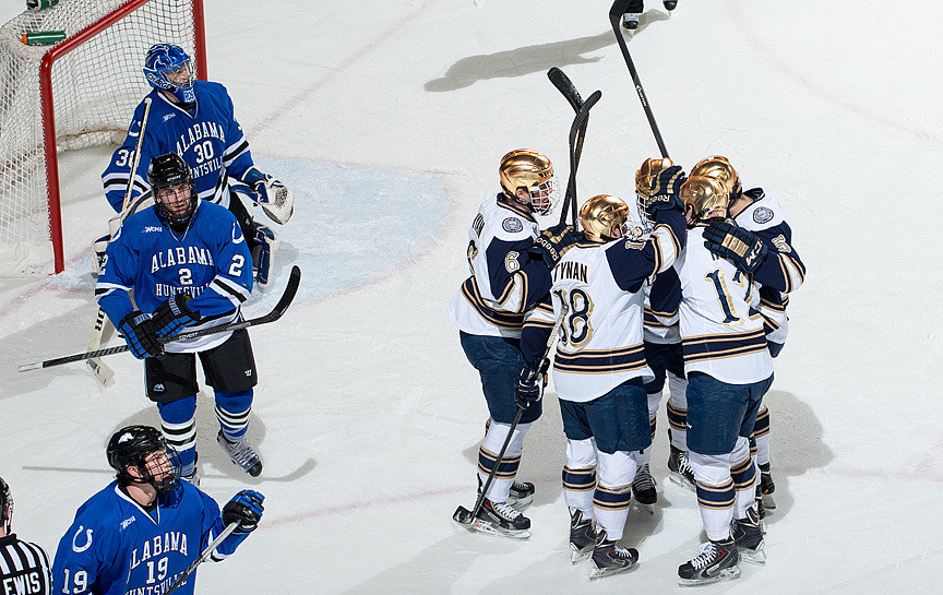 The Irish celebrate a goal versus Alabama Huntsville in the 7-1 win on Friday night.