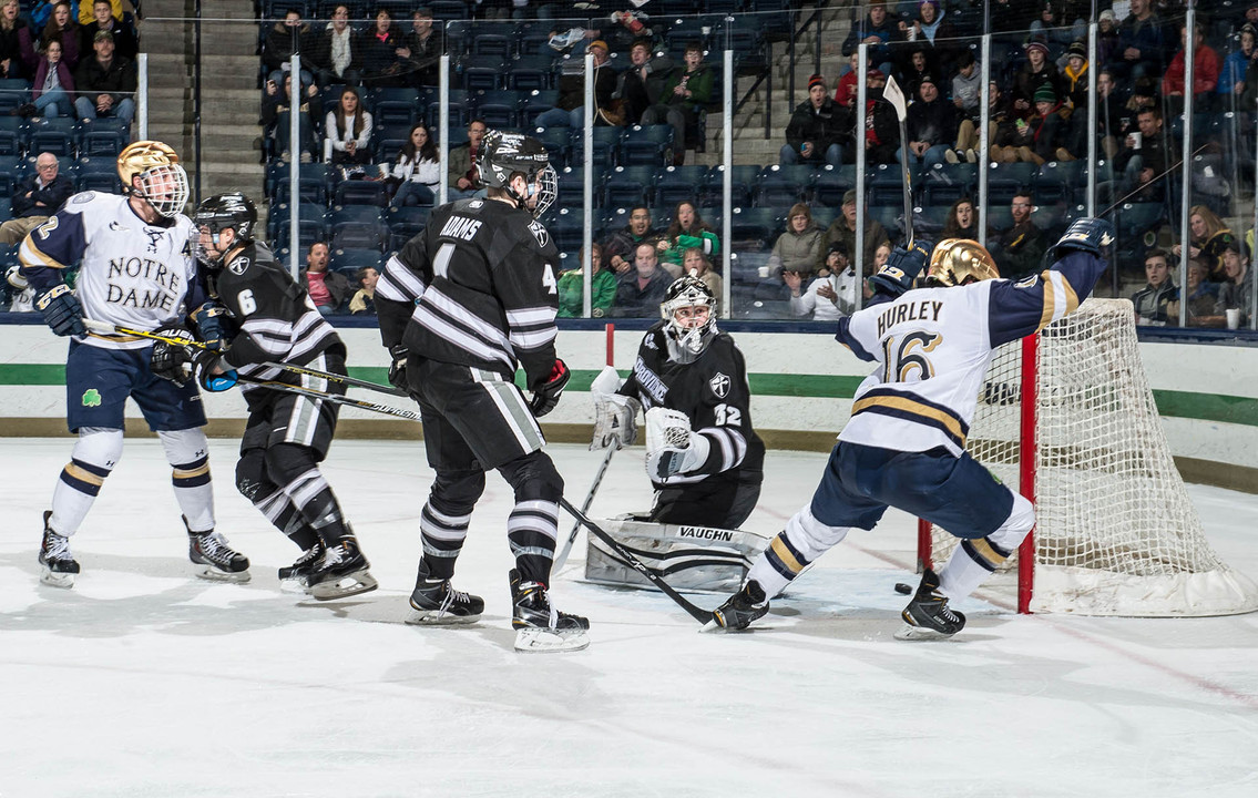 Connor Hurley starts to celebrate just as Robbie Russo's goal crosses the goal line.