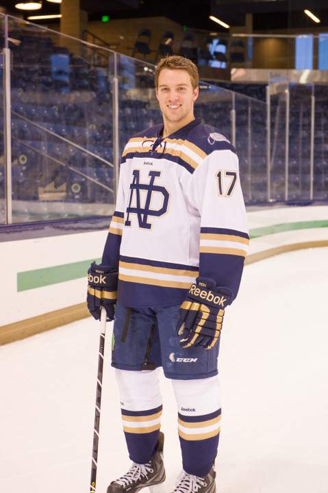 Senior left wing Nick Larson in spearheading this weekend's jersey auction to benefit Defending The Blue Line.  He is seen here wearing one of the special jerseys available through the online auction from Jan. 23 to Jan. 31 at UND.com.