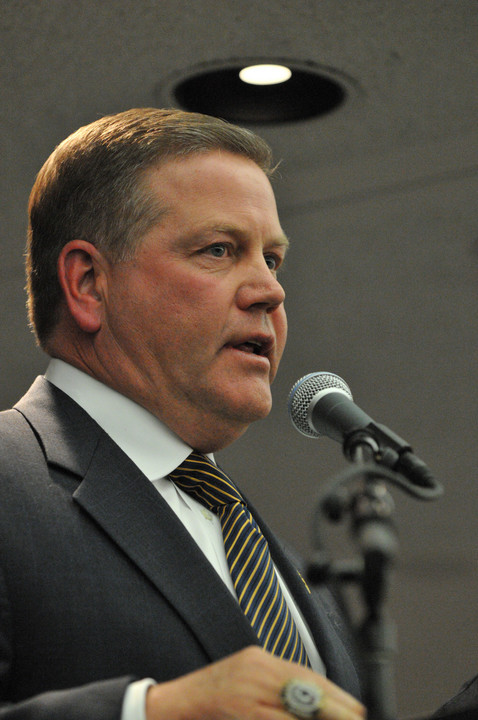 Head football coach Brian Kelly addresses members of the Monogram Club during the Club's Annual Mass, Meeting &amp; Dinner.
