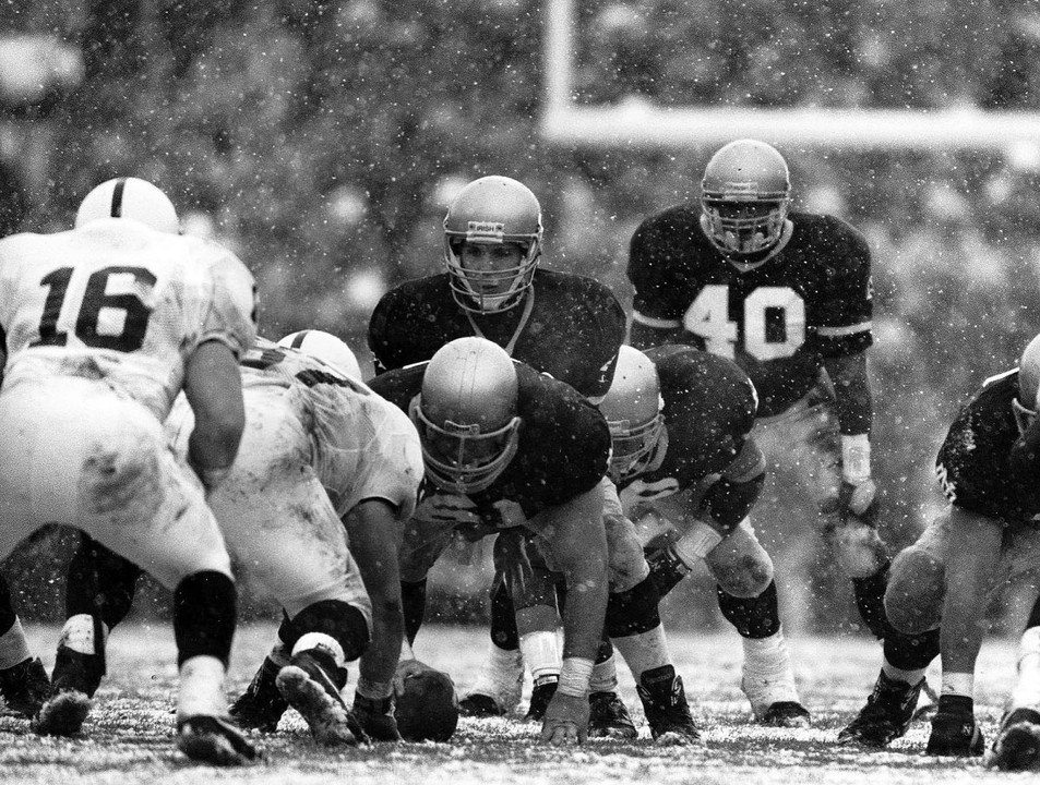 Rick Mirer calls the signals in the snow in Notre Dame's last meeting with Penn State - the November,  16, 1992 classic