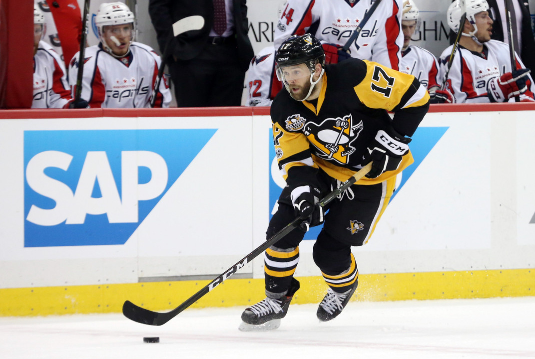 May 8, 2017; Pittsburgh, PA, USA;  Pittsburgh Penguins right wing Bryan Rust (17) skates with the puck against the Washington Capitals during the second period in game six of the second round of the 2017 Stanley Cup Playoffs at PPG PAINTS Arena. Credit: Charles LeClaire-USA TODAY Sports