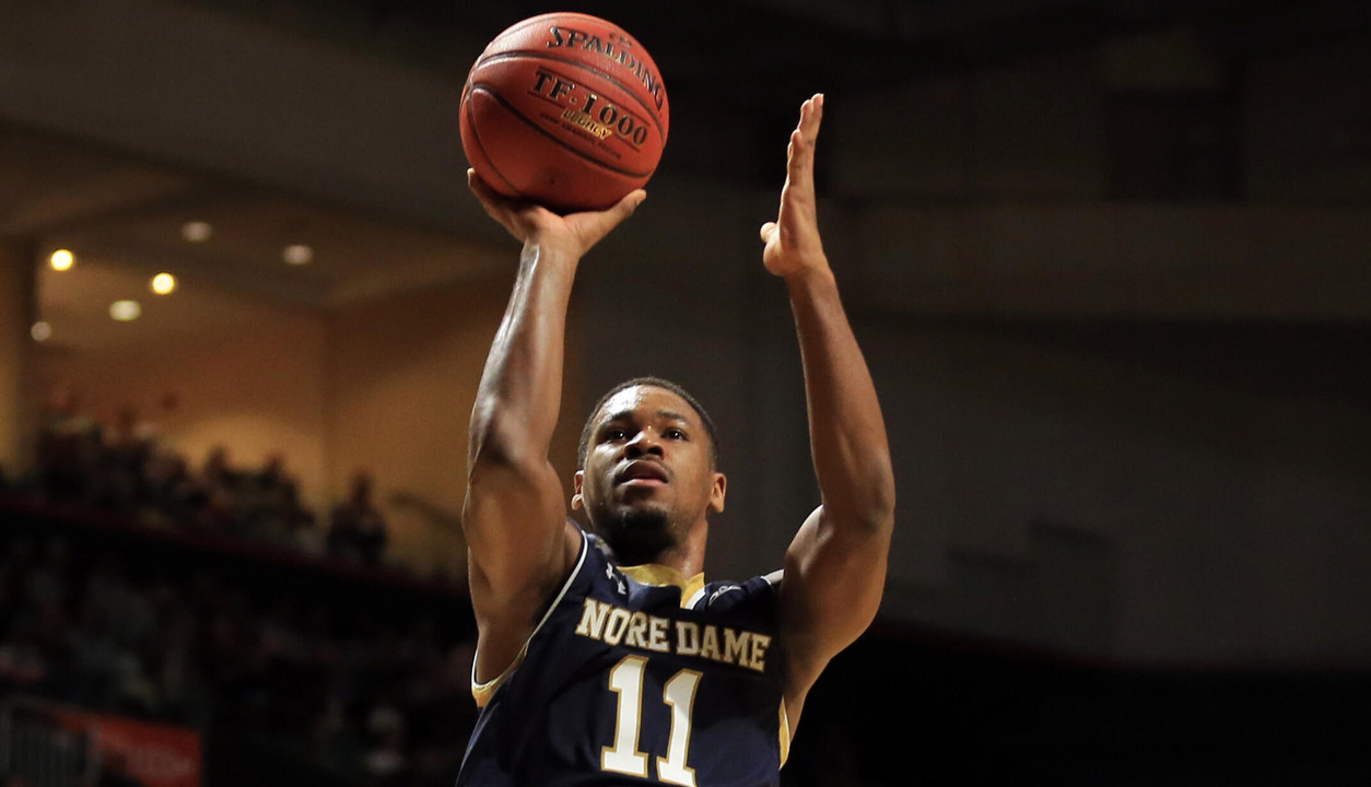 Feb 3, 2016; Coral Gables, FL, USA; Notre Dame Fighting Irish guard Demetrius Jackson (11) shoots. Credit: Steve Mitchell-USA TODAY Sports