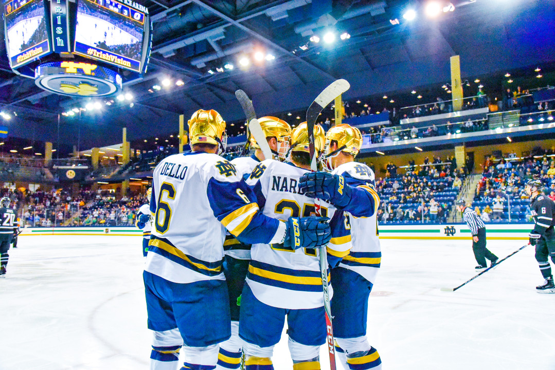 Notre Dame vs Nebraska-Omaha on October 26th 2017, at Compton Family Ice Arena.  Goal Celebration