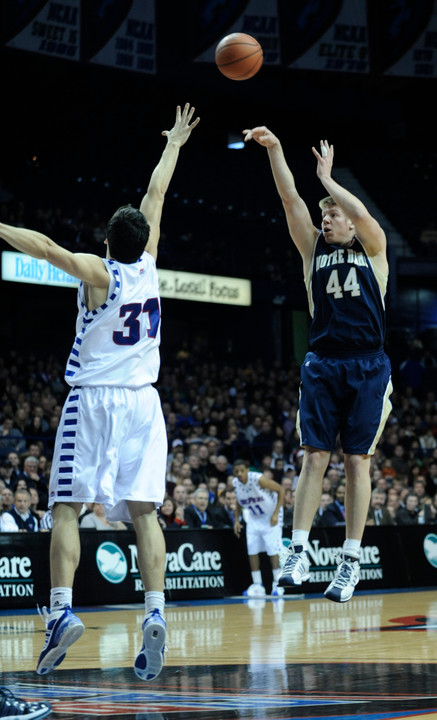Luke Harangody goes up for a shot against DePaul's Matija Poscic in game on New Year's Eve. (AP Photo/Paul Beaty)