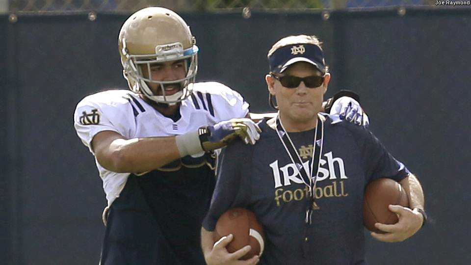 Former Irish defensive back Matthias Farley (left) and Bob Elliott