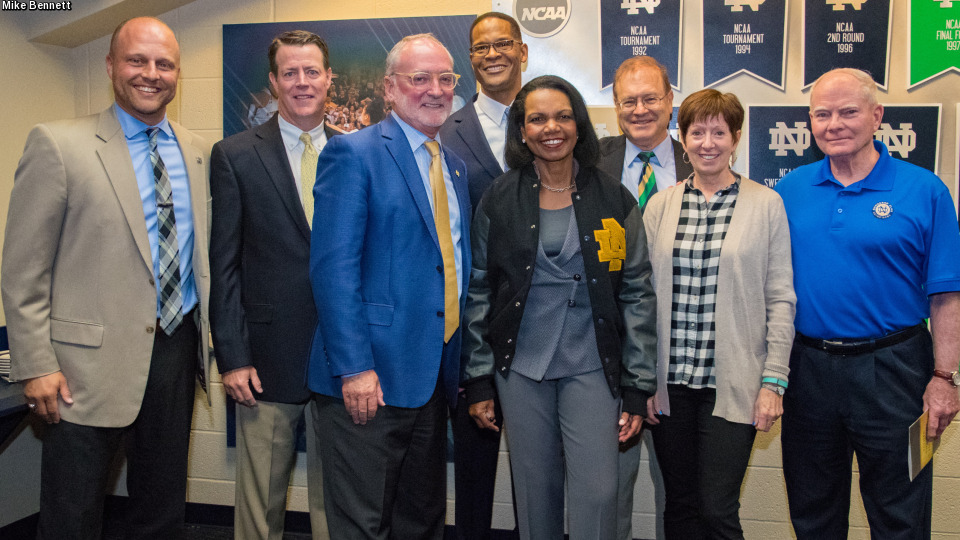 (Left to right) Brant Ust ('00, baseball), Kevin O'Connor ('89, lacrosse), Jack Swarbrick ('76, honorary), Byron Spruell ('87, '89, football), Dr. Condoleezza Rice ('75, honorary), Dick Nussbaum ('74, '77, baseball), Muffet McGraw (honorary) and Joe Kernan ('68, baseball).